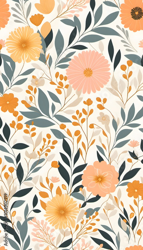 Seamless floral pattern with bright spring flowers on a white background.