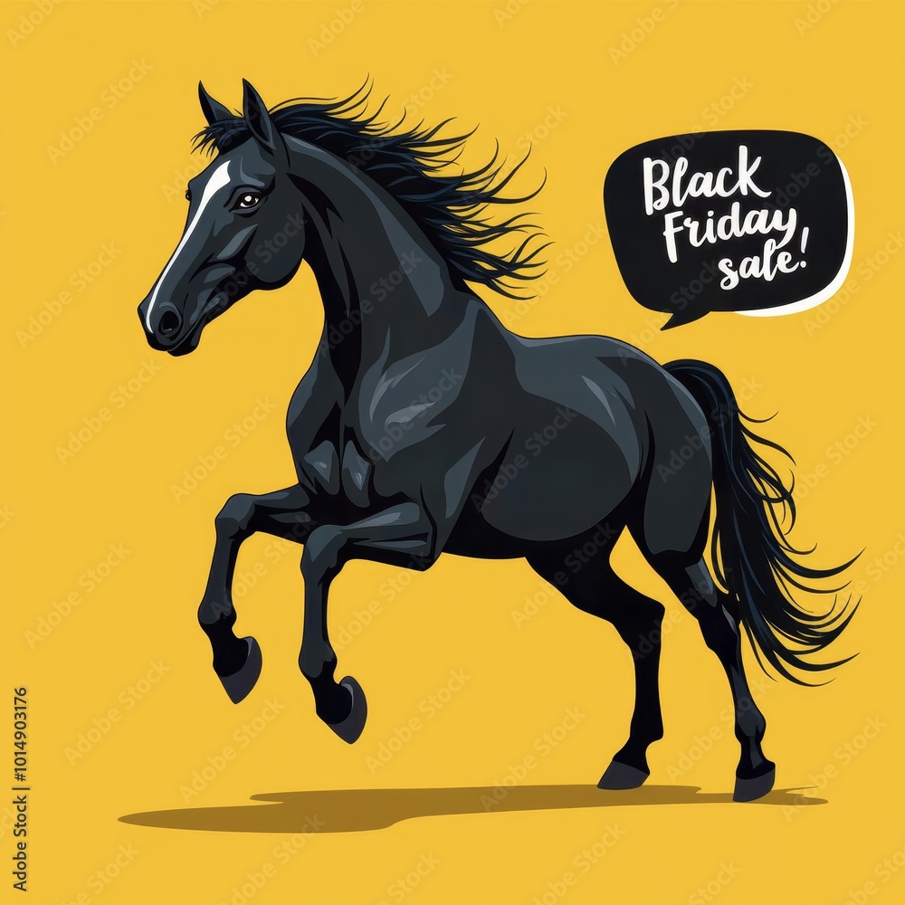 Black animals calling for Black Friday sale. Horse isolated on yellow background. Marketing, promoting deals, boosting sales concept. Black animals calling for Black Friday sale. Horse isolated on yellow background. Marketing, promoting deals, boosting sales concept.