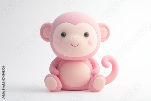 3D icon minimal on isolated white background, A cute pink monkey figurine with a smiling face, 3D rendering illustration