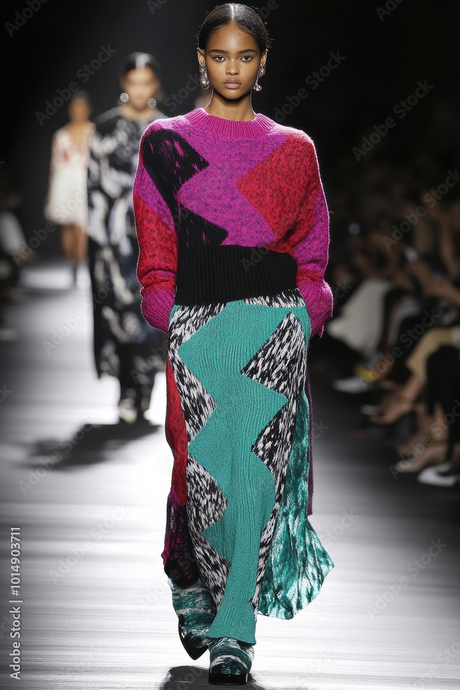 Bold Color Block Sweater and Vibrant Skirt in Fashion Show Bold Color Block Sweater and Vibrant Skirt in Fashion Show