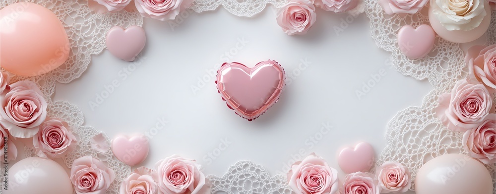 A beautiful layout of pink roses and heart-shaped decorations, perfect for romantic occasions and celebrations of love.