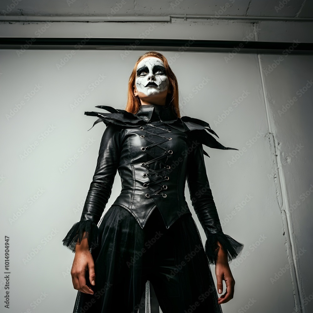 Halloween-themed celebration featuring a Caucasian American female fashion model in a black witch costume.