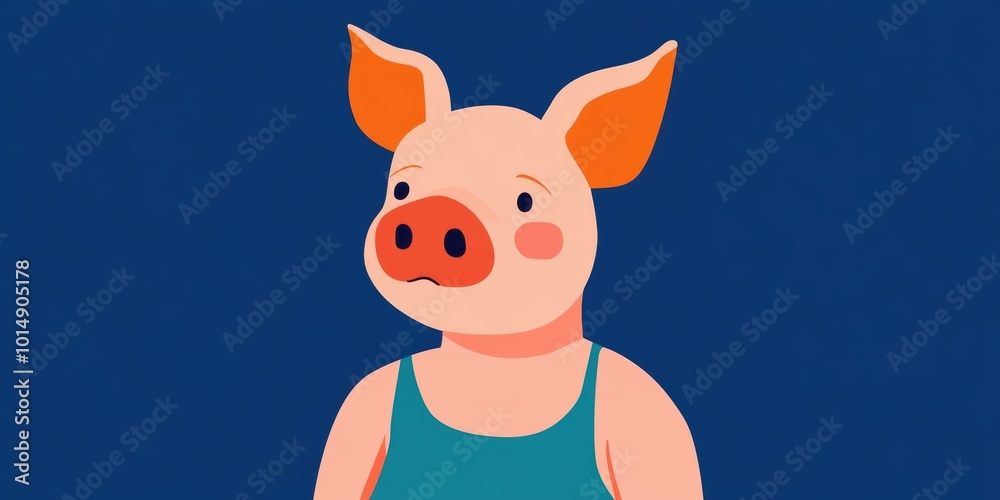 Cartoon Pig Character on Blue Background