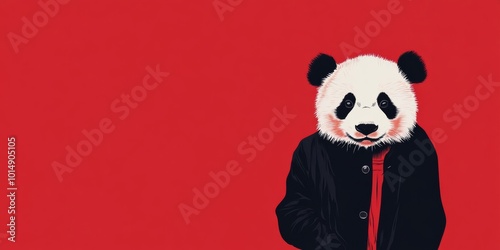 Panda Character in Red Background with Jacket photo