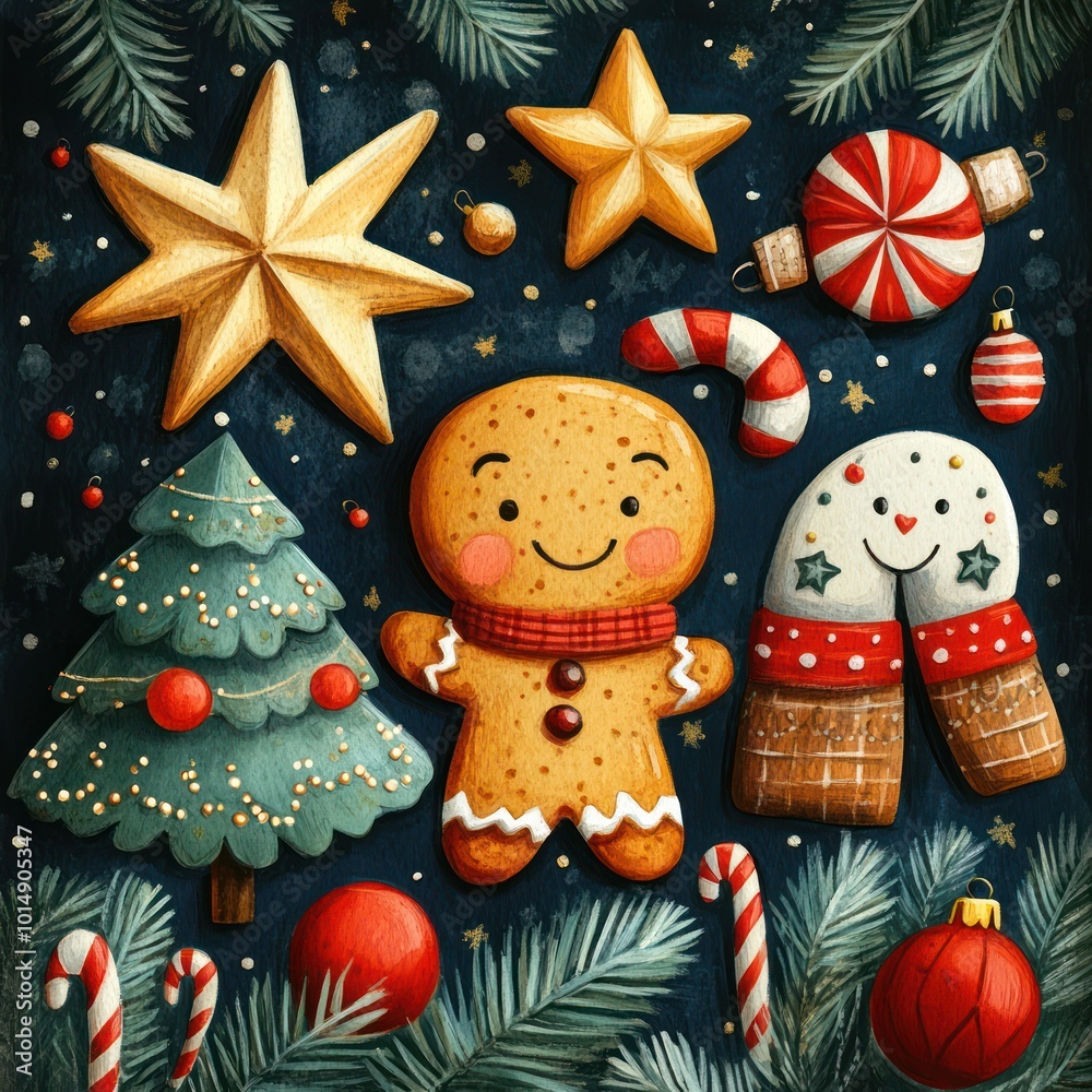 A gingerbread man with a red scarf, surrounded by Christmas deco A gingerbread man with a red scarf, surrounded by Christmas deco