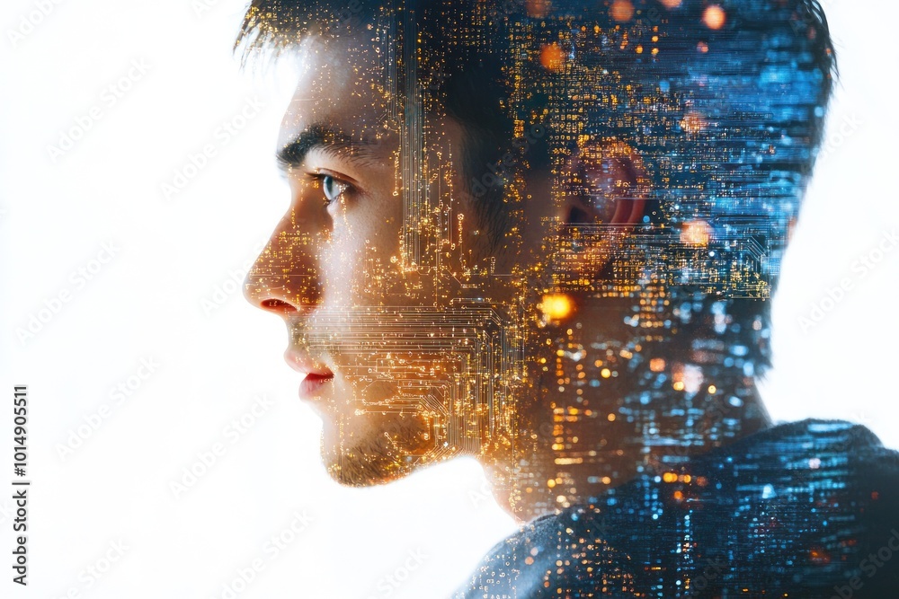 Double exposure of a man staring at a computer screen, filled with AI neural networks and cryptocurrency symbols Double exposure of a man staring at a computer screen, filled with AI neural networks and cryptocurrency symbols