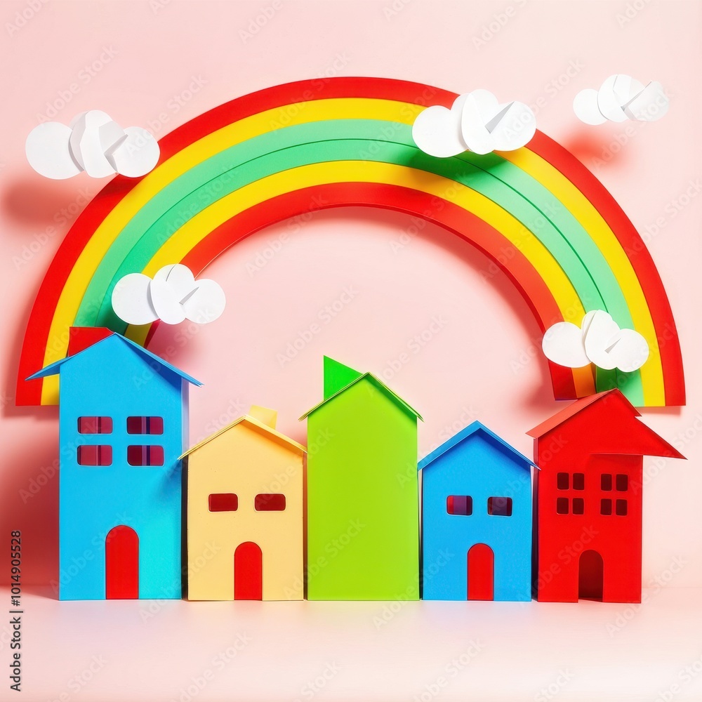 A colorful paper craft scene featuring houses and a rainbow with clouds. A colorful paper craft scene featuring houses and a rainbow with clouds.