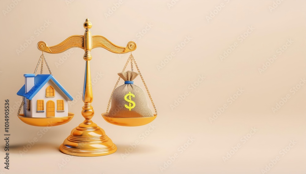 Balance of house and money on scales, representing financial decisions. Balance of house and money on scales, representing financial decisions.