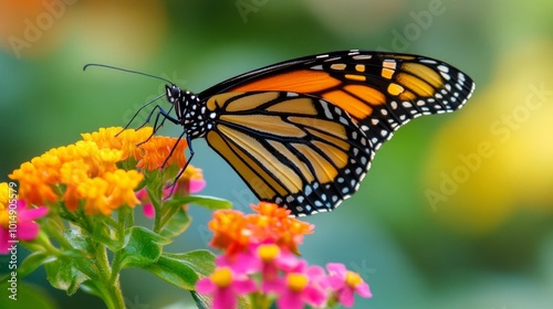 Perched on a vibrant flower, a stunning monarch butterfly flutters.