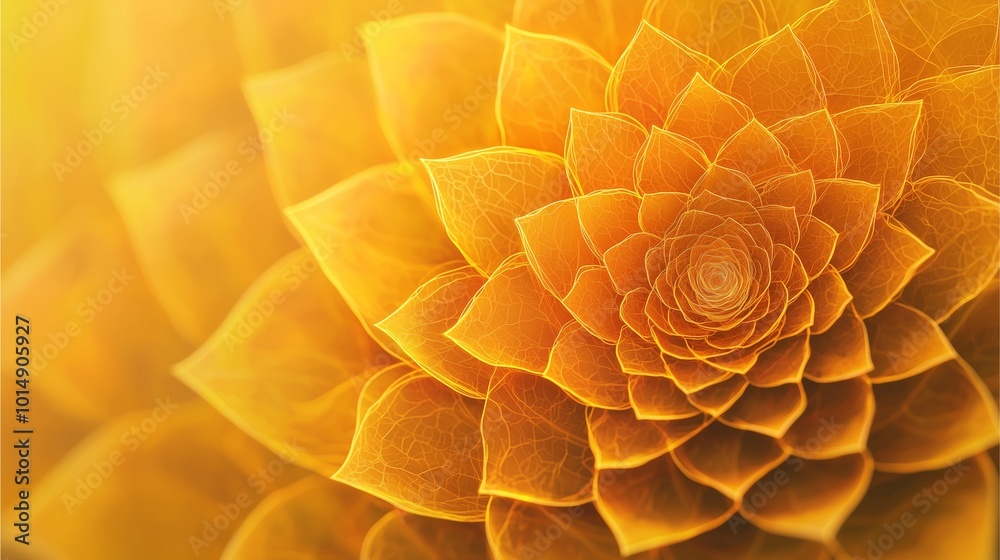 A close-up of a vibrant, golden flower-like structure showcasing intricate spiral patterns and a soft, glowing background.