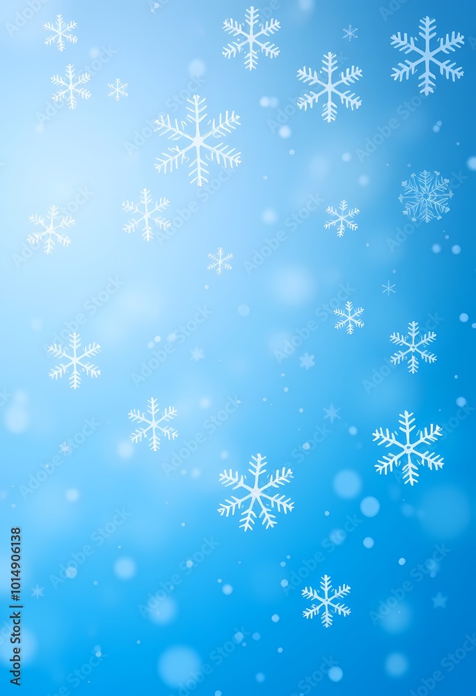 Snowflakes Floating on Cold Gradient Blue Background with Soft Light Sparkles Creating a Winter Mood