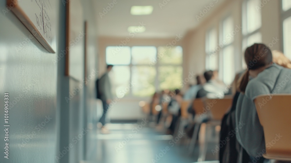 Fototapeta premium people in the class or public area sitting and standing, defocused and blurred