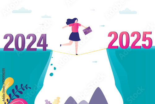 Female employee or businesswoman walking at rope from cliff to other side. concept of change from 2024 to 2025. moving forward, goals, hopes, overcoming obstacles and problems