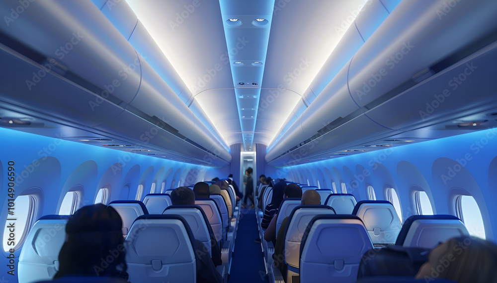 Fototapeta premium airplane cabin, with passengers sitting calmly in their seats, natural sunlight coming through the windows, the air appearing clean and fresh