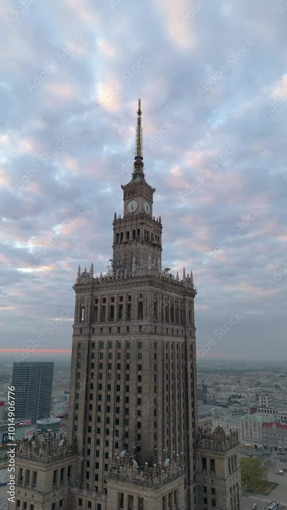 aerial view of palace of culture and science in warsaw at sunrise in summer aerial view of palace of culture and science in warsaw at sunrise in summer