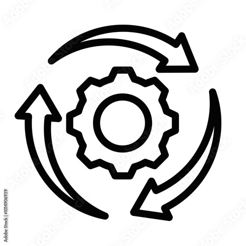 Gear with surrounding arrows icon in black outline. Vector illustration representing process, workflow, or system update. Editable stroke.