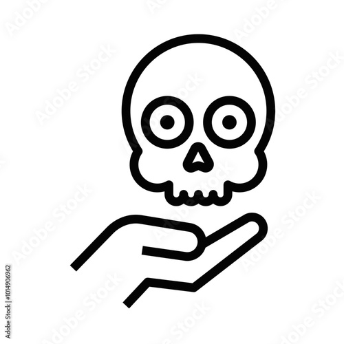 Hand holding a skull icon in bold black outline. Vector illustration symbolizing danger, death, or warning. Editable stroke.