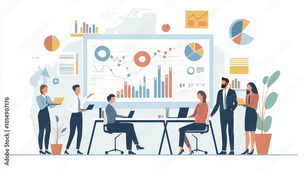 Flat design business group around a large chart, minimalist office setting, clean lines and bright colors, symbolizing growth., , Flat design business group around a large chart, minimalist office setting, clean lines and bright colors, symbolizing growth., ,