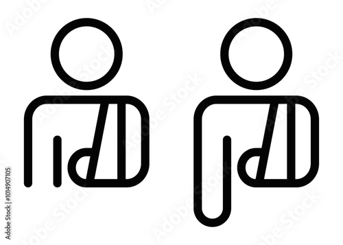 Black outline icon of an injured person with a sling, symbolizing medical care, injury, or recovery in a minimalistic style. Editable stroke.