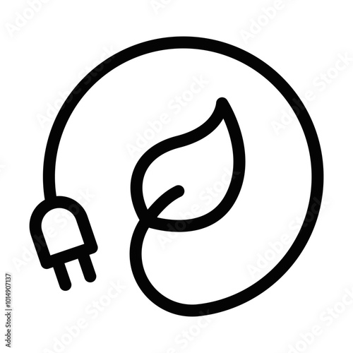 Black outline icon of a leaf with a power plug. Represents eco-friendly energy, green power, or sustainability. Editable stroke.