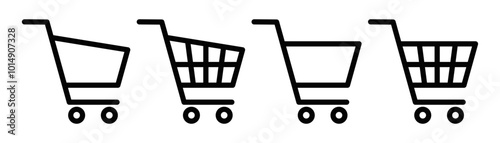 Set of four black outline shopping carts, symbolizing retail, purchasing, and consumer goods in commerce. Editable stroke.
