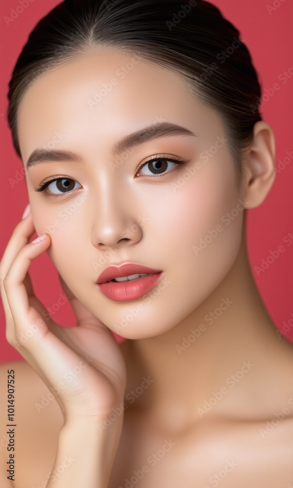 Portrait woman natural makeup contemplative expression pastel studio background Portrait woman natural makeup contemplative expression pastel studio background