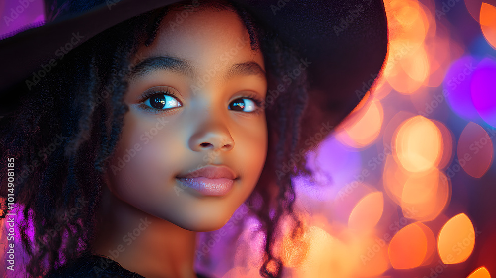 A cute little Black girl dressed as a witch with a purple dress and a black hat stands proudly, holding a tiny broomstick. Her outfit features whimsical details like sparkly accents and colorful acces A cute little Black girl dressed as a witch with a purple dress and a black hat stands proudly, holding a tiny broomstick. Her outfit features whimsical details like sparkly accents and colorful acces