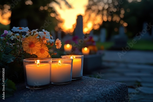  Serene arrangement of candles for graves placed gently along bottom edge of frame. photo