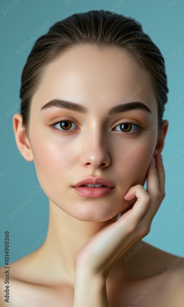 Portrait woman natural makeup contemplative expression pastel studio background Portrait woman natural makeup contemplative expression pastel studio background
