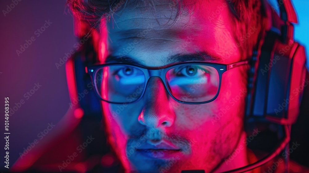 Close-up portrait of a focused male gamer wearing a headset and glasses, illuminated by blue and pink neon lights, deeply engaged in gaming. Close-up portrait of a focused male gamer wearing a headset and glasses, illuminated by blue and pink neon lights, deeply engaged in gaming.