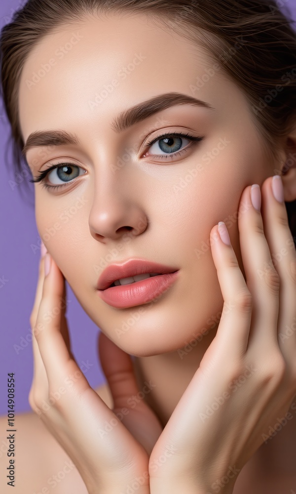 Portrait woman natural makeup contemplative expression pastel studio background Portrait woman natural makeup contemplative expression pastel studio background