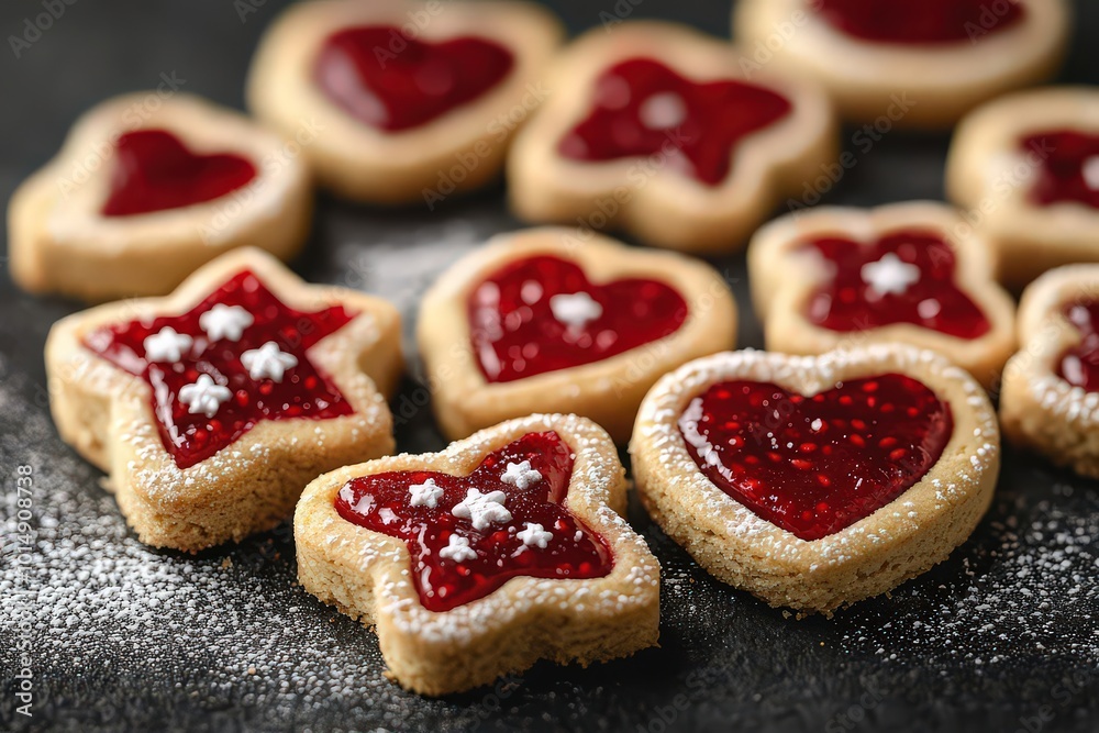 Assorted star and heart-shaped cookies with red jam, decorated with powdered sugar, providing a sweet, festive snack. Assorted star and heart-shaped cookies with red jam, decorated with powdered sugar, providing a sweet, festive snack.