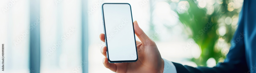 Obraz premium A hand holding a smartphone with a blank screen, set against a blurred background of greenery and bright indoor lighting.