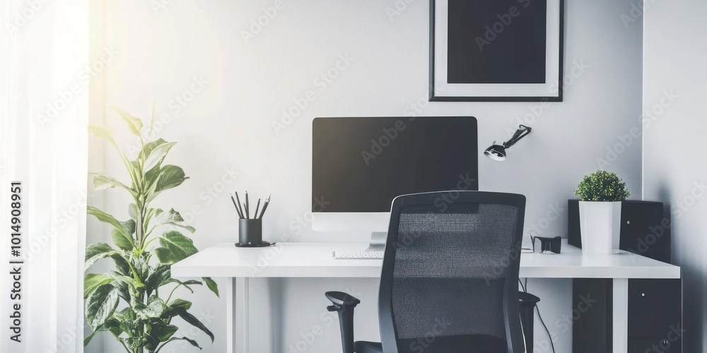 Minimalist home office setup with sleek white desk, black ergonomic chair, and a potted plant Minimalist home office setup with sleek white desk, black ergonomic chair, and a potted plant