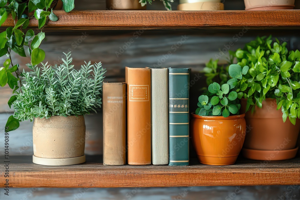 Potted plants and books arranged on a rustic wooden shelf, blending natural greenery and literature to create a serene and balanced decor. Potted plants and books arranged on a rustic wooden shelf, blending natural greenery and literature to create a serene and balanced decor.