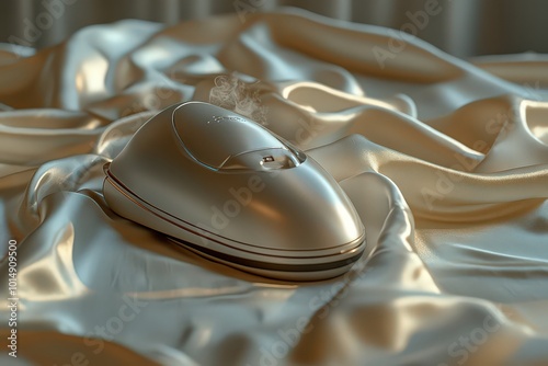  Close-up of an iron gliding over a delicate blouse, with steam gently rising as the wrinkles vanish. photo