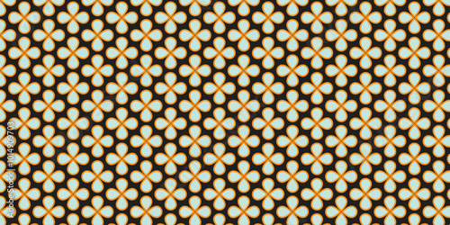 Seamless pattern with simple floral motif in light green and orange border on black background