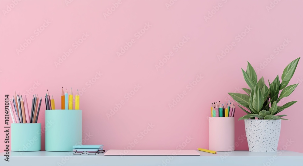 Modern school supplies on a minimalist desk, sleek and clean design, 3D illustration
