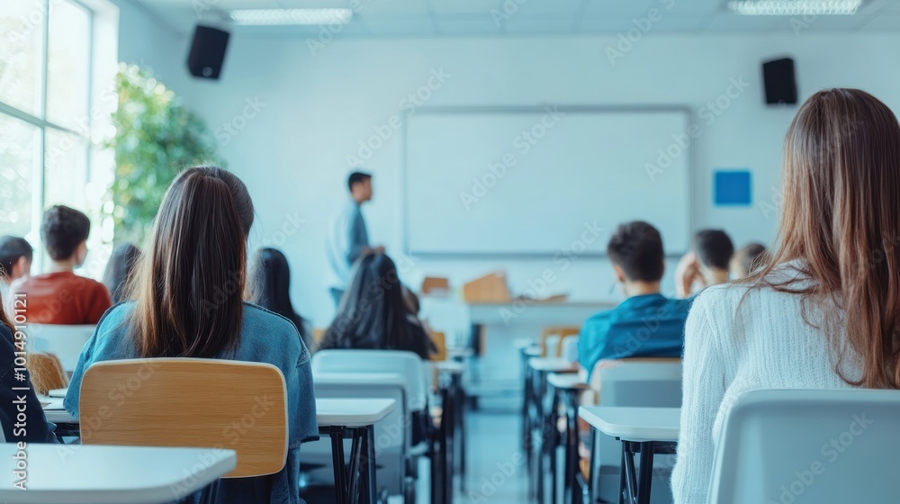 blank whiteboard on a white wall inside a classroom, defocused and blurred, students are sitting on their chairs quietly. A Male teacher is walking in front of the whiteboard. blank whiteboard on a white wall inside a classroom, defocused and blurred, students are sitting on their chairs quietly. A Male teacher is walking in front of the whiteboard.