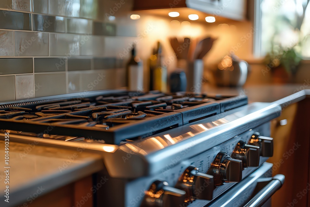 Sleek stainless steel gas stove in a well-lit kitchen with utensils and cooking essentials, offering a modern and functional space for meal preparation. Sleek stainless steel gas stove in a well-lit kitchen with utensils and cooking essentials, offering a modern and functional space for meal preparation.