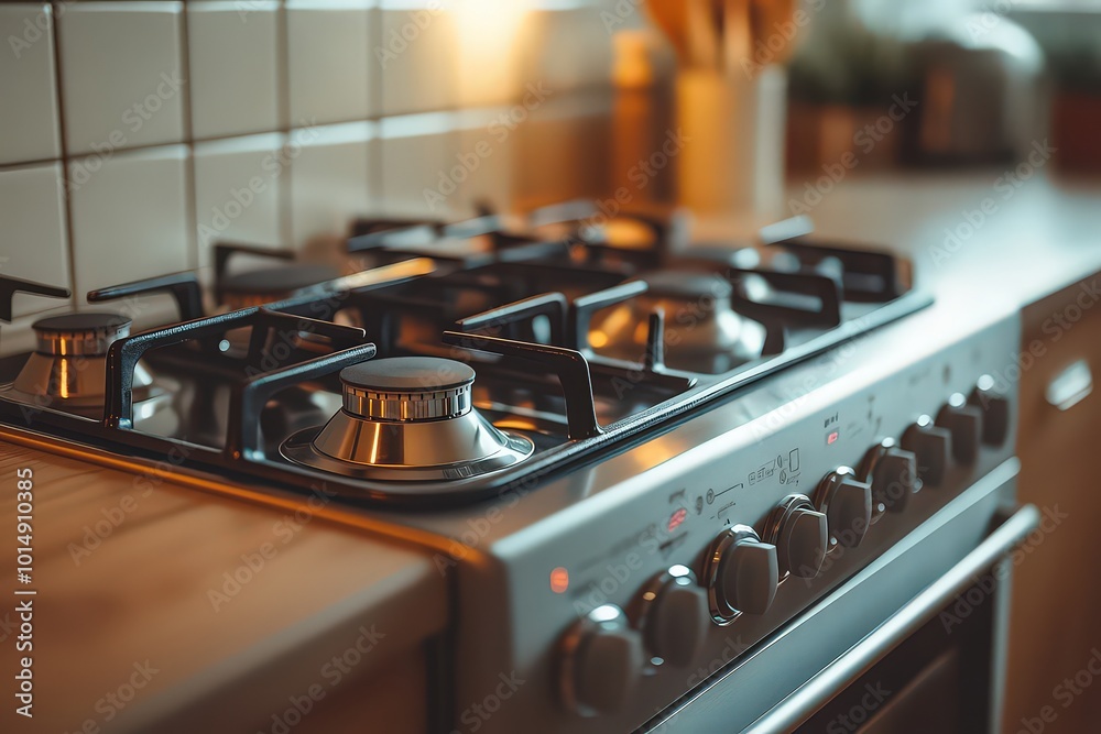 Stainless steel gas stove in a cozy kitchen with warm lighting, ready for cooking, reflecting a practical and welcoming home environment. Stainless steel gas stove in a cozy kitchen with warm lighting, ready for cooking, reflecting a practical and welcoming home environment.