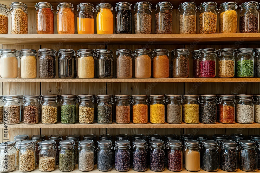  Neatly organized kitchen cupboard with rows of matching jars and containers, all labeled and perfectly aligned.