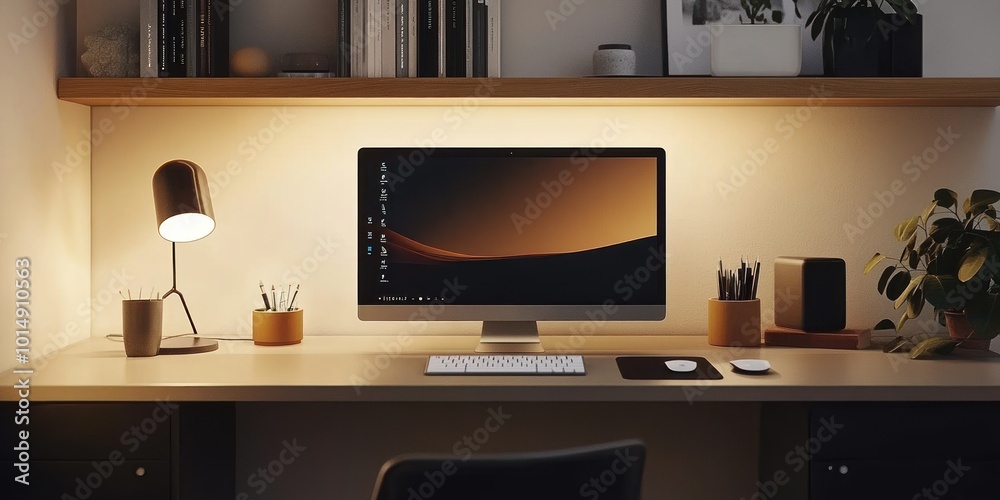 Modern home office setup with a compact desk, a wireless keyboard and mouse, a single notebook, soft lighting, and muted colors, perfect for remote work in a clean environment Modern home office setup with a compact desk, a wireless keyboard and mouse, a single notebook, soft lighting, and muted colors, perfect for remote work in a clean environment