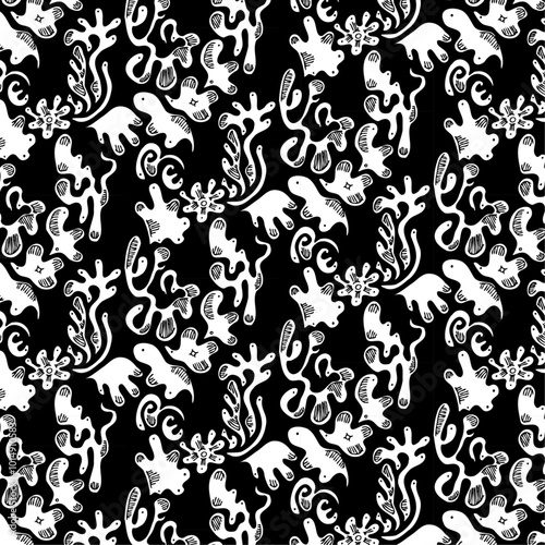 There are plants, animals and even dinosaurs. Illustrations, seamless patterns, monochrome, line art,