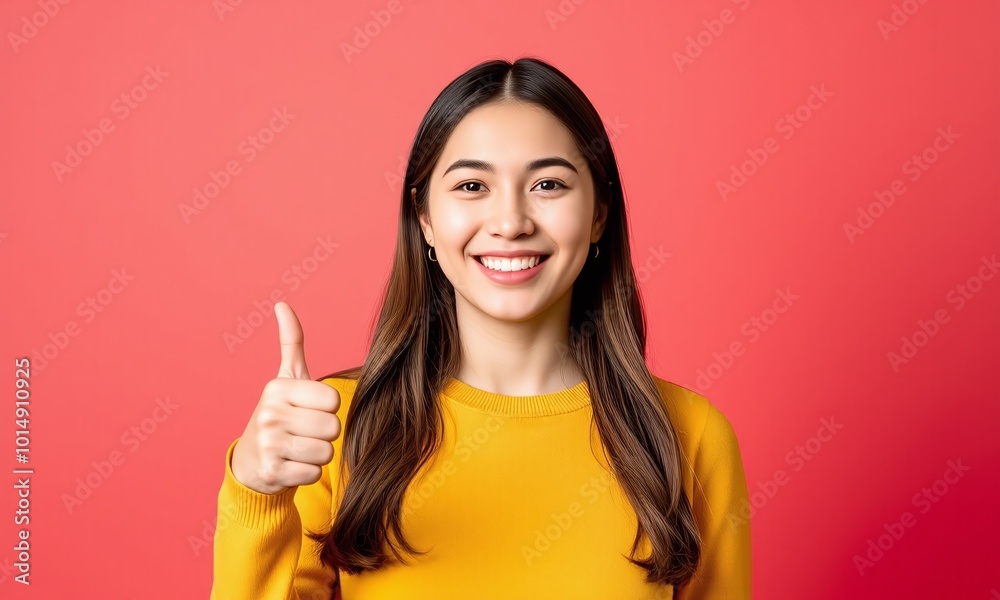 Young woman, big smile, thumbs up gesture, pastel studio background Young woman, big smile, thumbs up gesture, pastel studio background