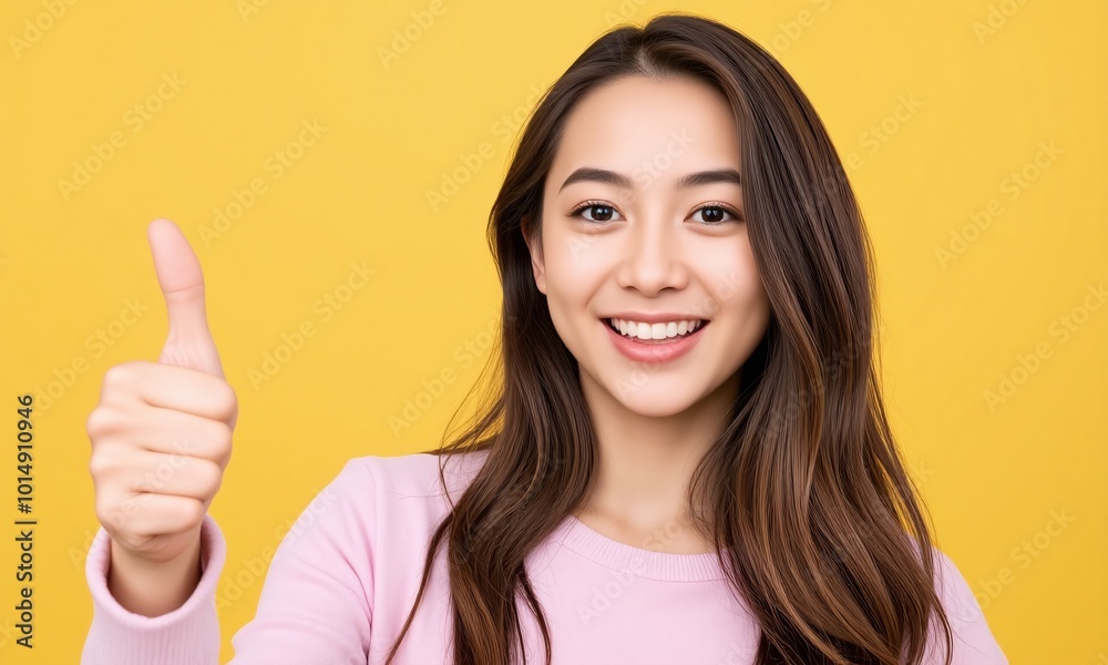 Young woman, big smile, thumbs up gesture, pastel studio background Young woman, big smile, thumbs up gesture, pastel studio background
