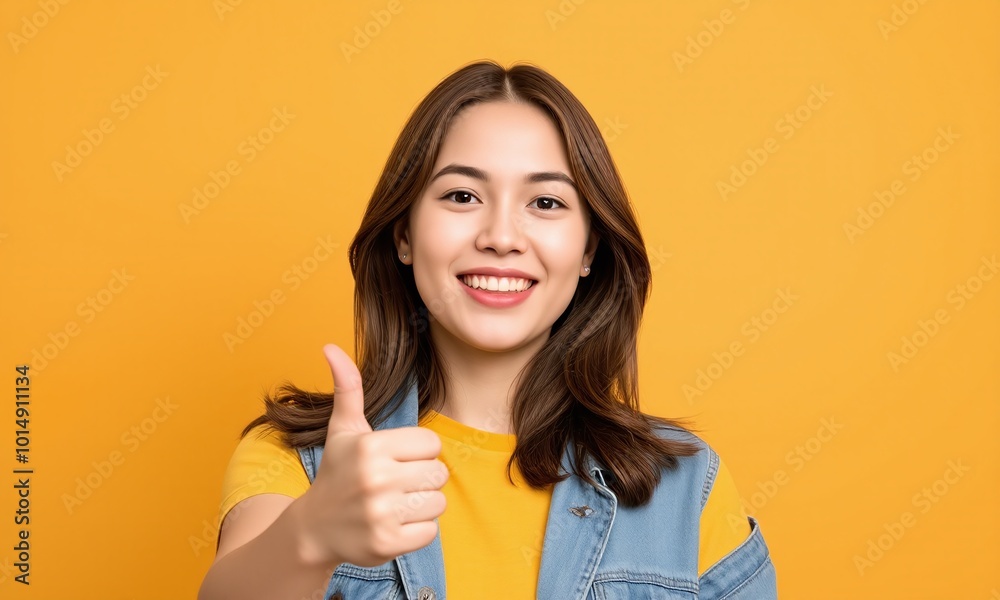 Young woman, big smile, thumbs up gesture, pastel studio background Young woman, big smile, thumbs up gesture, pastel studio background