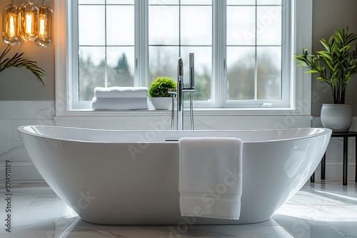  Pristine bathtub with a gleaming white surface, neatly wiped down, and free of any stains or watermarks.