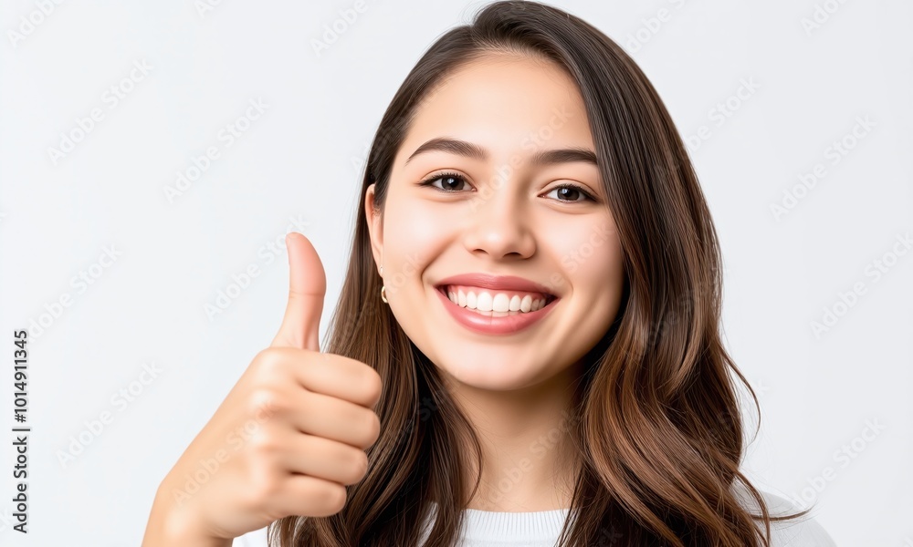 Young woman, big smile, thumbs up gesture, pastel studio background Young woman, big smile, thumbs up gesture, pastel studio background