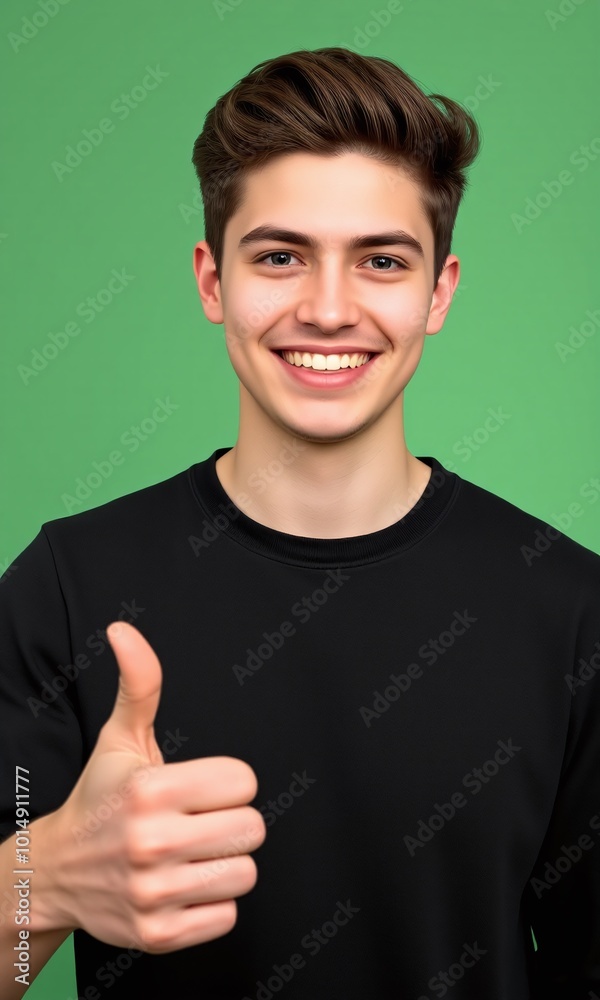 Young man, big smile, thumbs up gesture, pastel studio background Young man, big smile, thumbs up gesture, pastel studio background